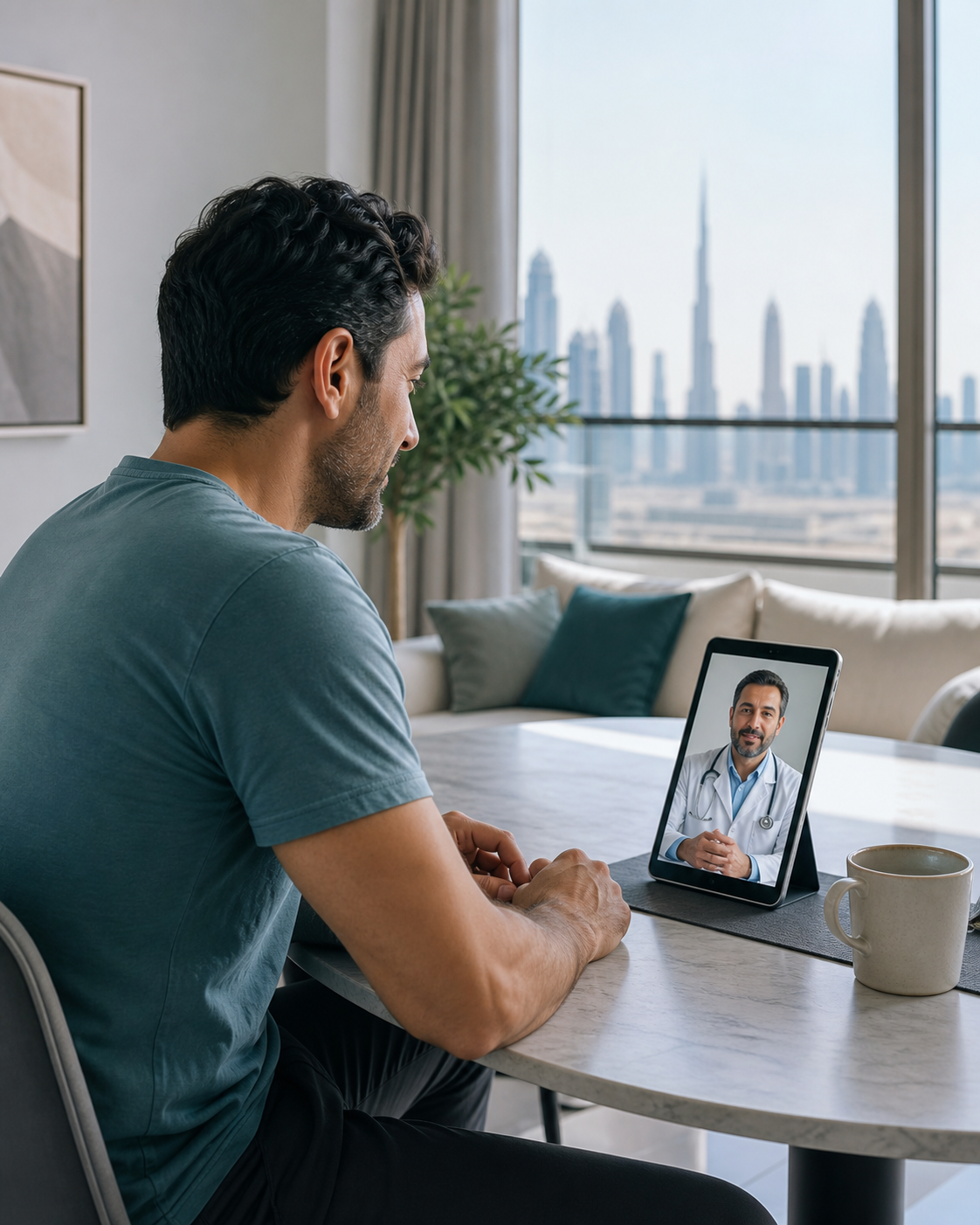 A man at home during a video consultation with a doctor