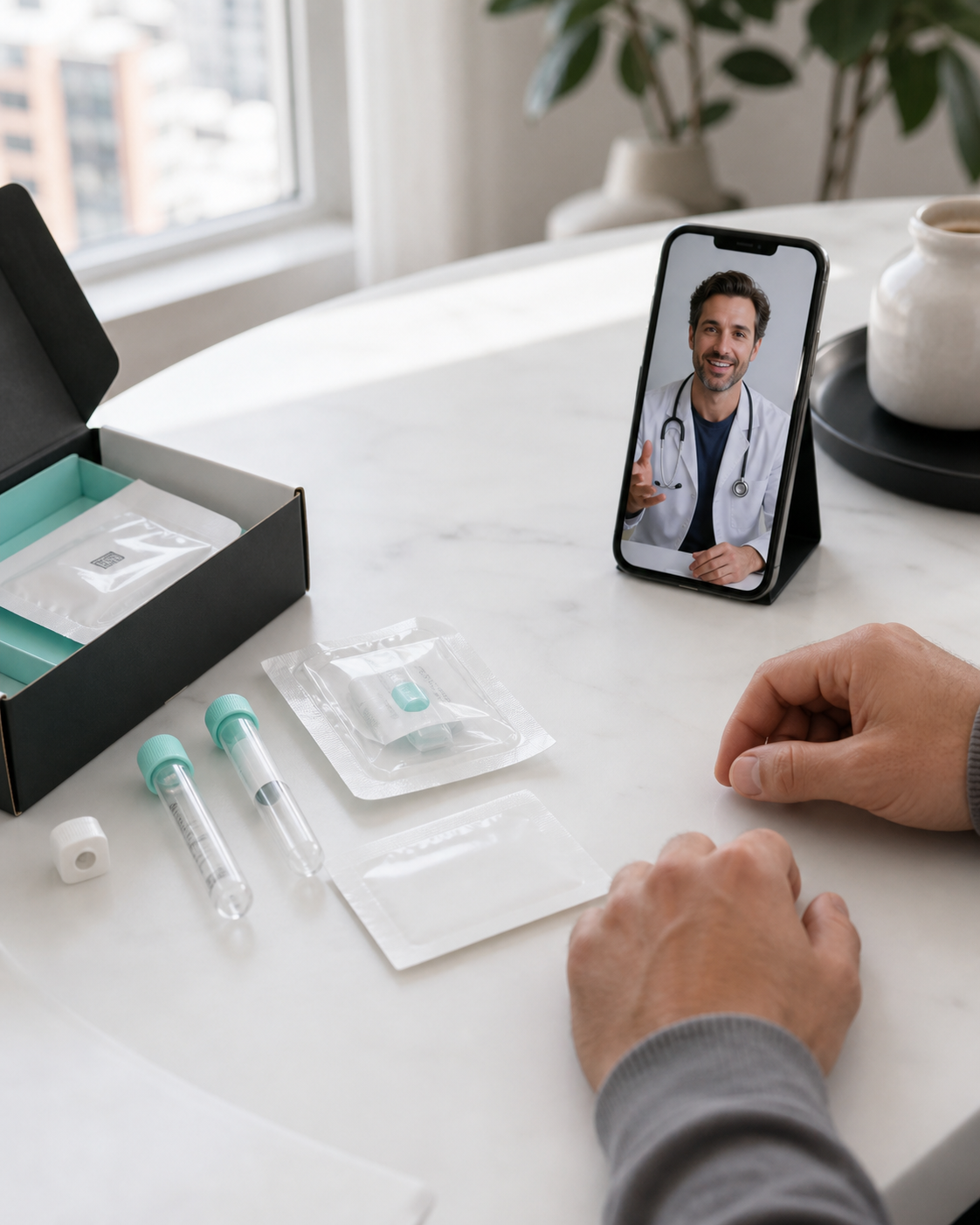A man at home with a test kit while a doctor joins by video call