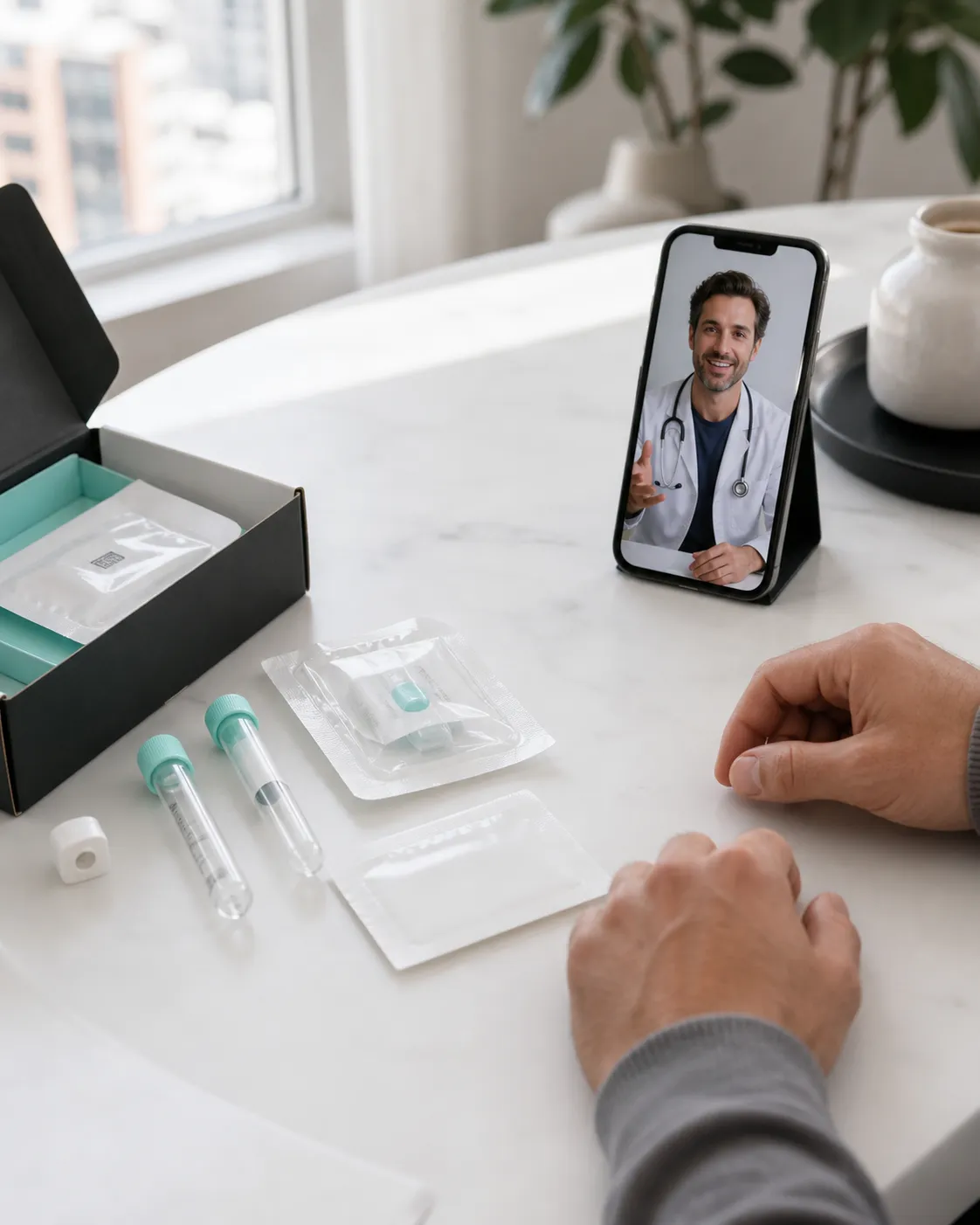 A man completing tests at the Longevium clinic with a doctor